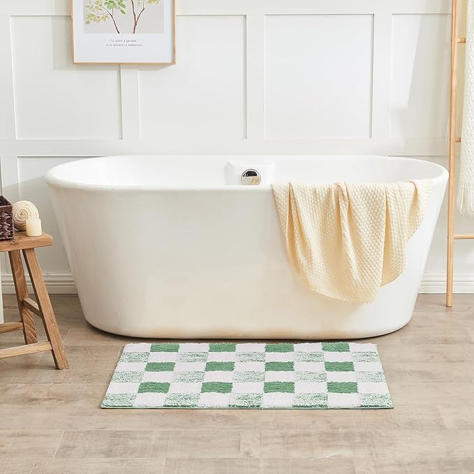 CozeCube Bath mats for Bathroom Non Slip, Fluffy Absorbent Microfiber Bath mat Washable, Aesthetic Bathroom Rugs, Long Sage Green Checkered Bath mat, Sage Green, 47" x 24"