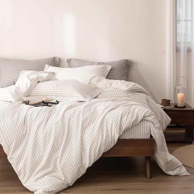 Stripe Duvet Cover Super King Size 108inch x 98inch,100% Washed Cotton Linen Feel Duvet Cover with Zipper Closure and 2 Pillowcases, Color of Off White-Linen Grey Stripe