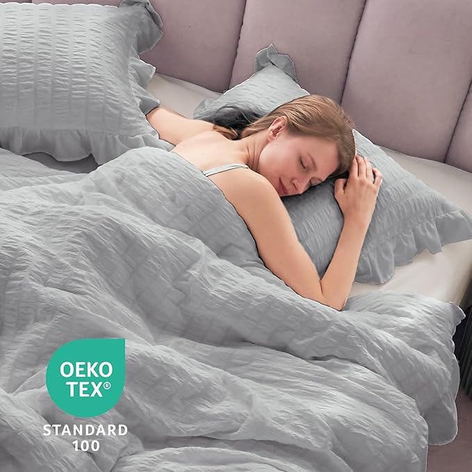JOLLYVOGUE Light Grey Twin Size Comforter Set, 2 Pieces Seersucker Lightweight Fluffy Bedding Set, Twin Ruffle Comforter, All Season Soft Microfiber Shabby Chic Bed Set