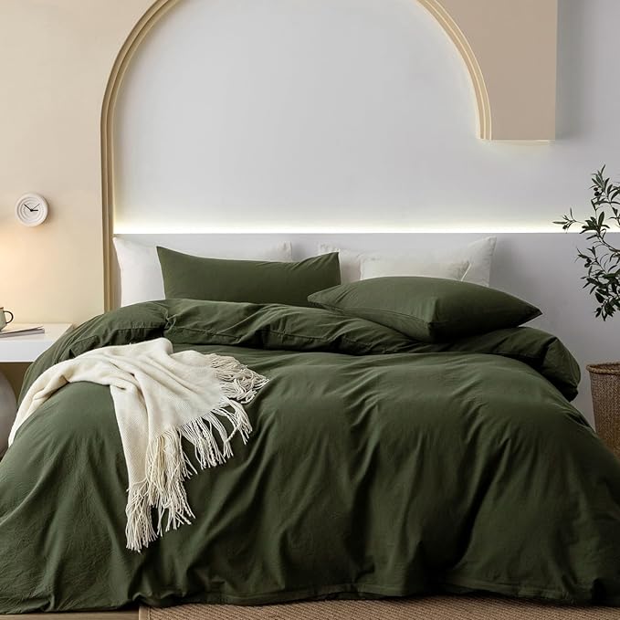 JIYUAN 100% Washed Cotton Duvet Cover Set 3 PCS Oversized King Plus, 1 Duvet Cover 128"x120"(Comforter Not Included) and 2 Pillowcases,Linen Feel Bedding Set Comfy and Breathable,Olive Green