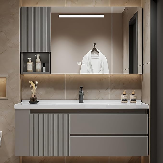 64IN Suspended Bathroom Cabinet Combo Set - Fully Functional LED Mirror with Smart Defogging & Time Display | Bathroom Vanity with Sink,Side Cabinet Storage Compartment (Style A)