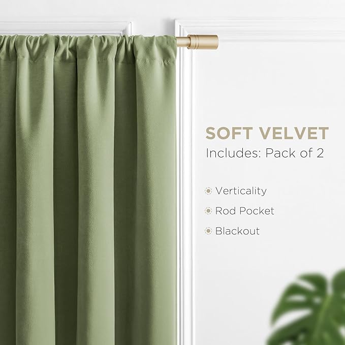 Joydeco Coconut Green Velvet Curtains 84 Inches 2 Panels, Luxury Thermal Insulated Soft Green Curtains for Bedroom & Living Room, Room Darkening Velvet Drapes, Rod Pocket (52W x 84L)