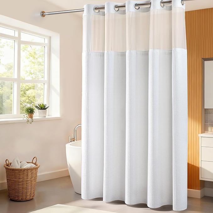 River Dream Extra Long Shower Curtain Set, Cotton Blend, Waffle Weave, with Snap in Replacement Liner, White, 71 x 86 inches