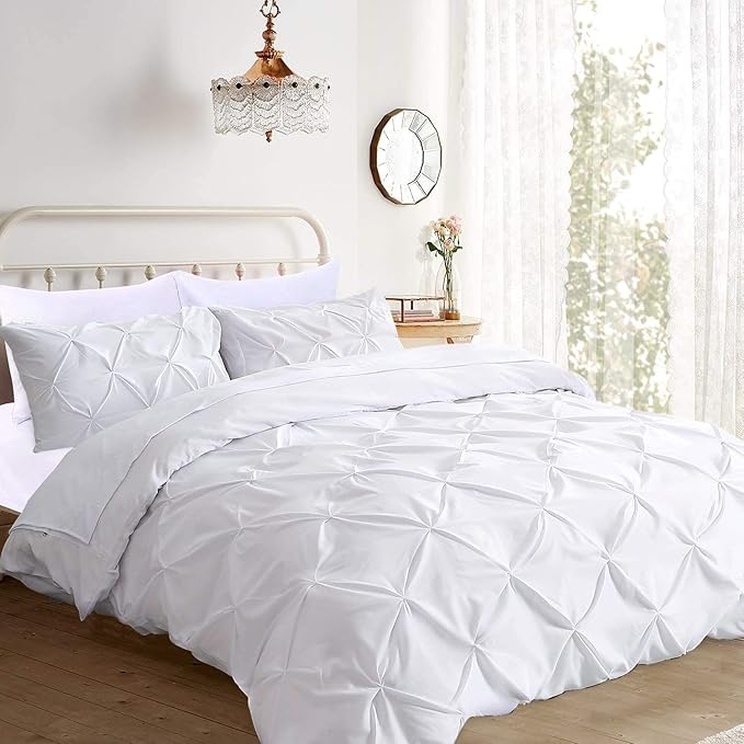 Pinch Pleated Duvet Cover Set 100% Cotton 3PC Super King Plus Size 120x120 Duvet Cover Set, Decorative Pinch Design White Duvet Cover with Matching Pillow Case