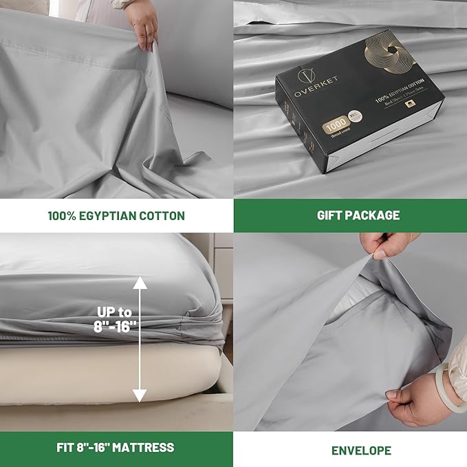 Egyptian Cotton Sheets Full Size 1000 Thread Count Sateen Weave Soft Breathable 16-Inch Deep Pocket 4PCS（Full,Grey）