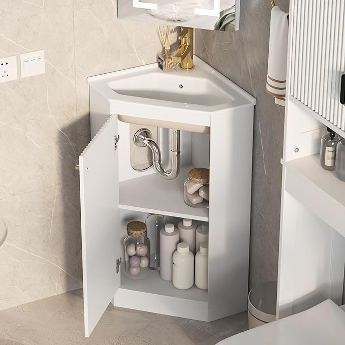 24" Corner Bathroom Vanity Sink Combo for Small Space, Freestanding Compact Space Bathroom Storage Cabinet with White Ceramic Sink, Wall Mounted Modern Vanity,White