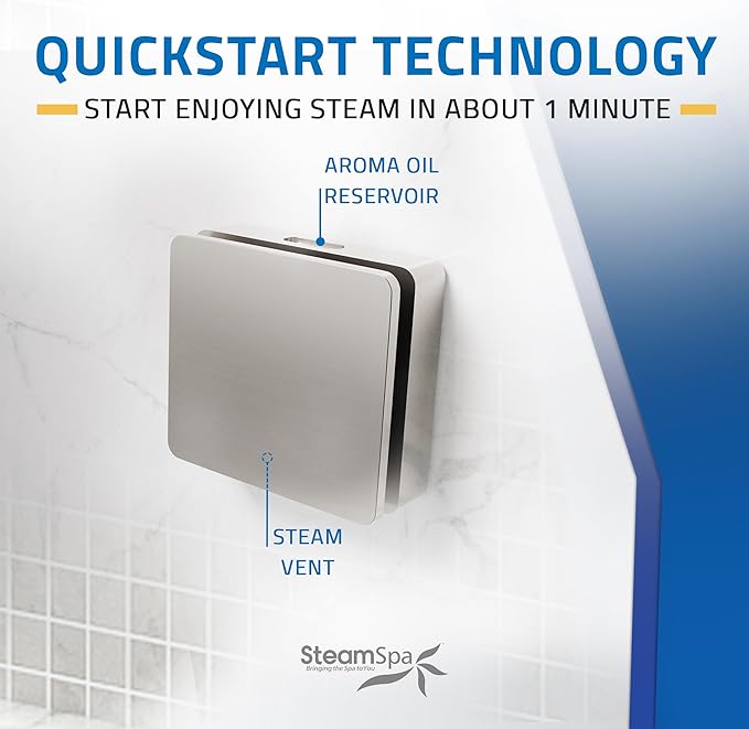 SteamSpa Steam System 18kW Steam Shower Generator with Bluetooth Wifi, Quickstart Continous Steam, Advanced Touch Pad Screen, Chroma Lights, Drain Pan and Auto Drain Brushed Nickel RVBS1800BN-A