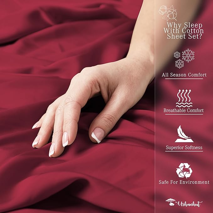 URBANHUT 1000 Thread Count Full Bed Sheets Egyptian Cotton Sheet Set, Long Staple Soft & Breathable, 4 Pc Bed Sheet Sets, Luxury Hotel Sateen Sheets Fits 16" Deep Pocket - Burgundy