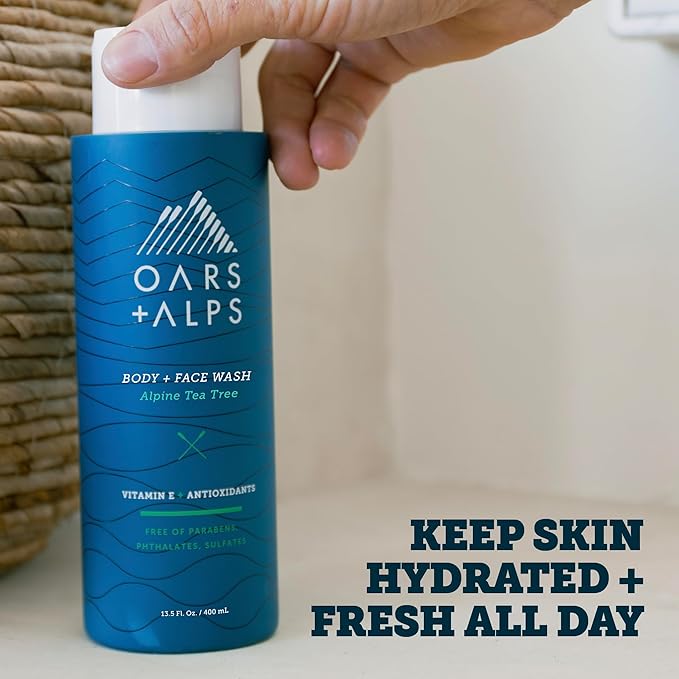 Oars + Alps Men's Moisturizing Body and Face Wash, Skin Care Infused with Vitamin E and Antioxidants, Sulfate Free, Alpine Tea Tree, 3 Pack
