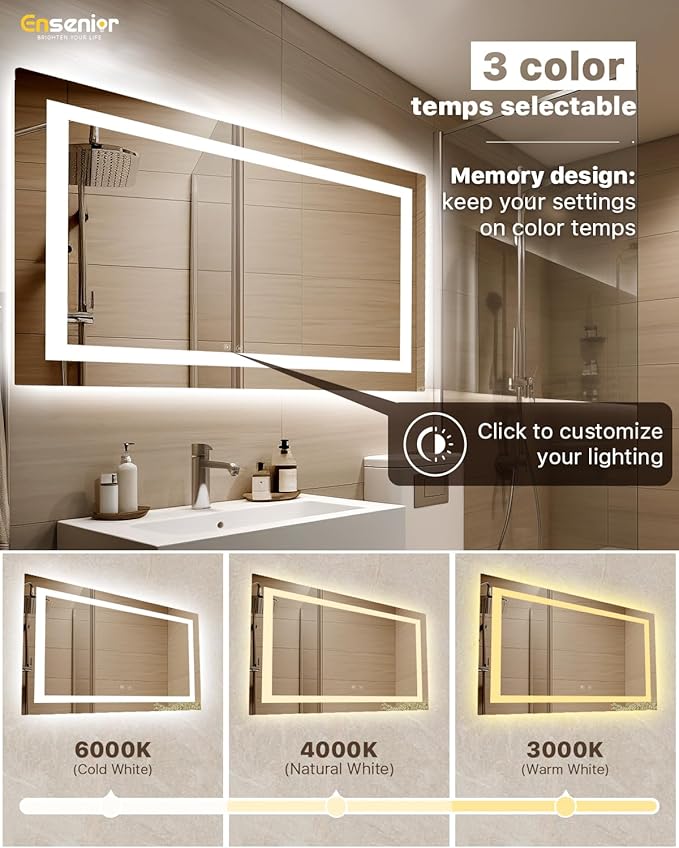 Ensenior LED Bathroom Mirror 55"x 30" with Front and Backlight, Stepless Dimmable Wall Mirrors with Anti-Fog, Shatter-Proof, Memory, 3 Colors, Modern LED Vanity Mirror-ETL & FCC