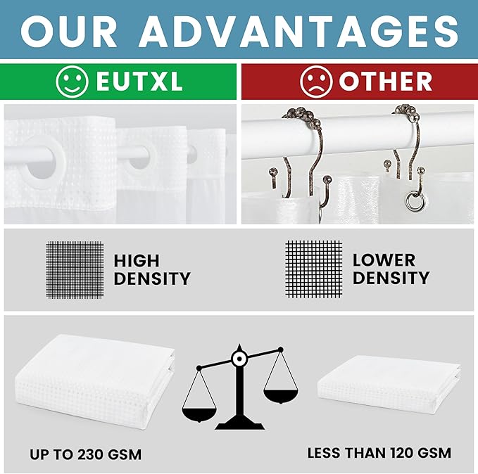 Long No Hook Shower Curtain with Snap in Liner,230GSM Waffle Weave Shower Curtains for Bathroom,71W x 80H(78"),White