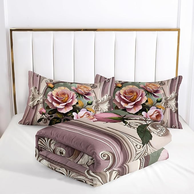 Pink and White Flower Queen Size Comforter Set，Flower Bed Bedding for Kids Queen Size