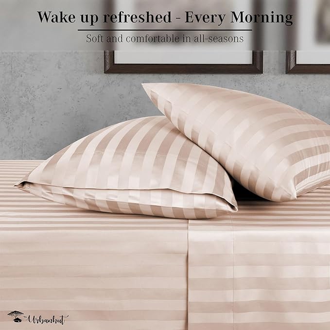 URBANHUT 1000 Thread Count Damask Striped Twin Size Egyptian Cotton Sheets, Long Staple Soft & Breathable, 4 Pc Bed Sheet Sets, Luxury Hotel Sateen Sheets Fits 16" Deep Pocket - Blush Pink