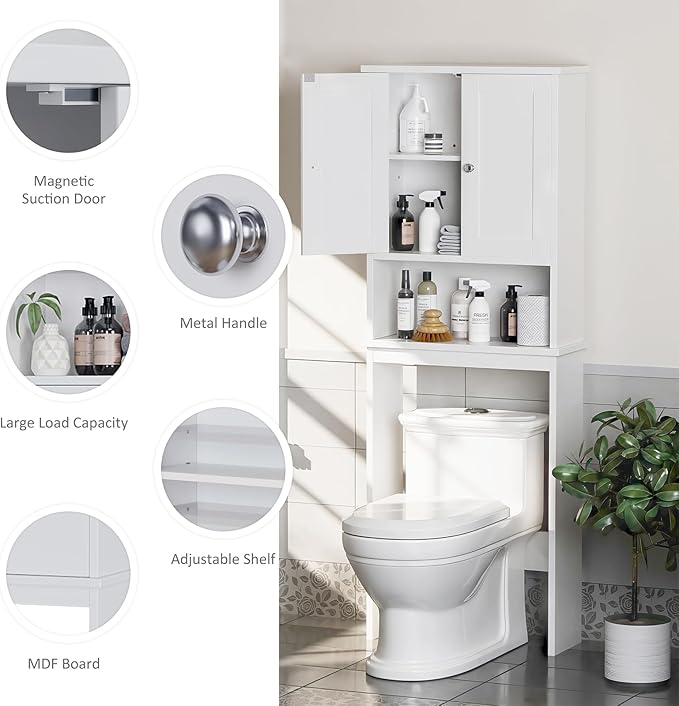 Meilocar Over The Toilet Storage Cabinet, Bathroom Storage Cabinet Over Toilet, Space Saver W/Adjustable Shelf & Open Shelf, White