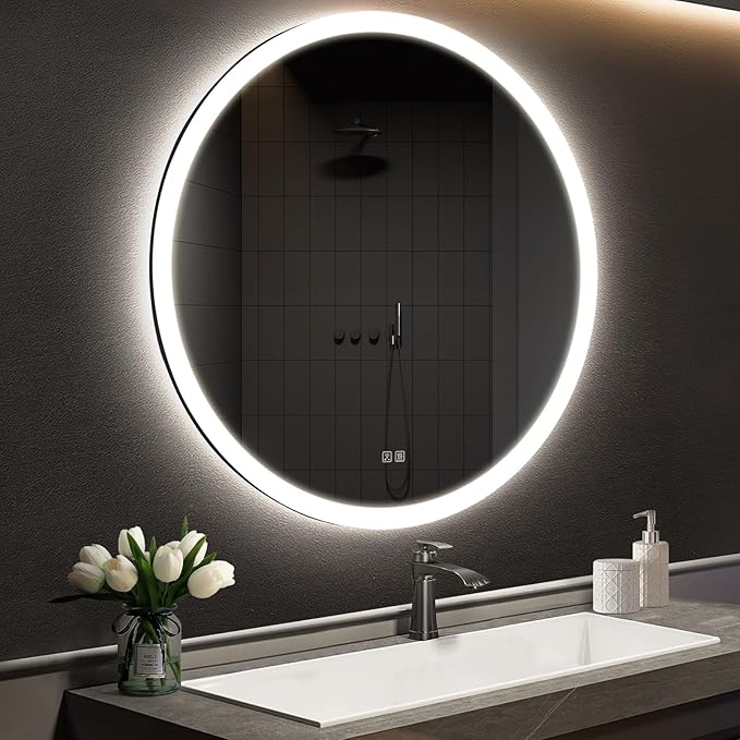 APRILSOUL 32 Inch Round LED Bathroom Vanity Mirror with Front and Backlit, Led Mirror with Anti-Fog, 3 Colors and Dimmable Light