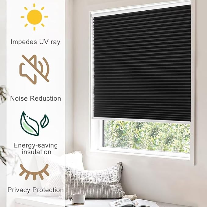 MYshade 1.5-Inch Cellular Cordless Blackout Shades,Thermal Insulating Noise Reducing Waterproof Blinds,Honeycomb Window Treatments for Indoor Light Control (Black-42 W x 72" H)