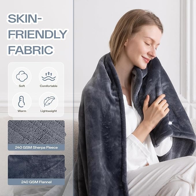 Full Size Electric Blanket Heated, Double-Sided Flannel＆Sherpa Heated Blanket with 8 Heat Levels & 10 Hours Auto Off, Fast Heating Blankets Machine Washable with ETL & FCC Certified,Light Grey
