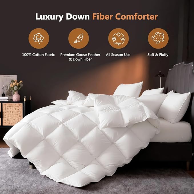 DROVAN Goose Feather Down Fiber Comforter Twin Size - 100% Cotton Duvet Insert with 8 Corner Loops - Luxurious All-Season Hotel Collection, 68x90 Inch