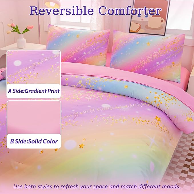 Rainbow Bedding Set Queen Size – 6-Piece Reversible Girls Comforter with Deep-Pocket Sheet, Gradient Galaxy Design, Whole-Piece Filling, Machine Washable Bed-in-a-Bag for Kids Room Makeover & Gifts