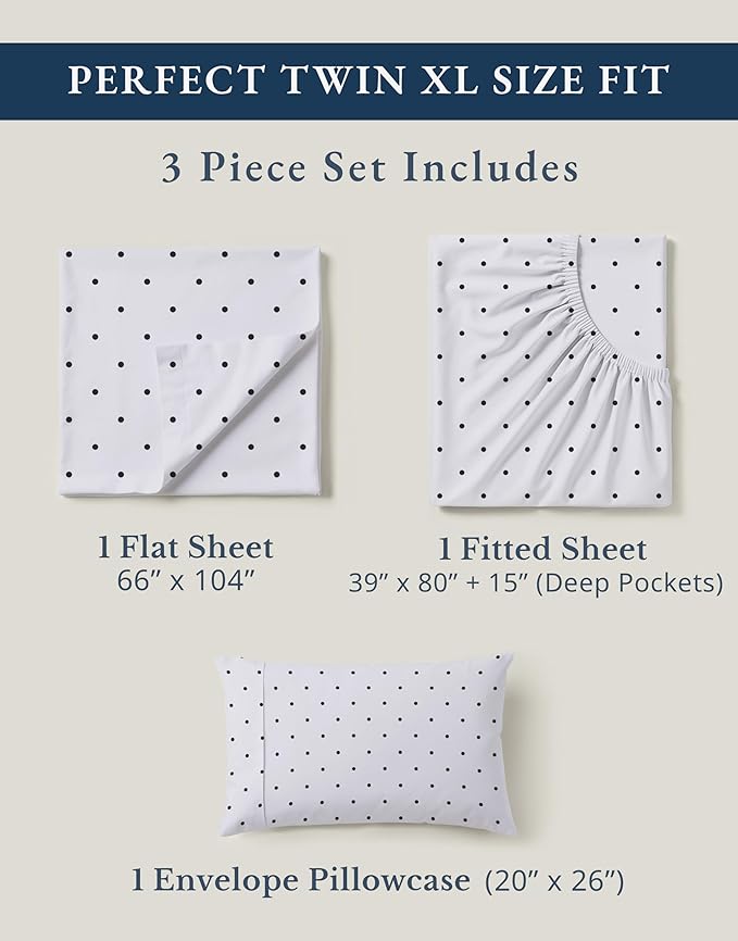 LANE LINEN 100% Organic Cotton Twin XL Sheets Set 3-Piece Pure Percale Bedsheets Bedding Breathable Fits Mattress Upto 15" Deep - Black Polka Dot