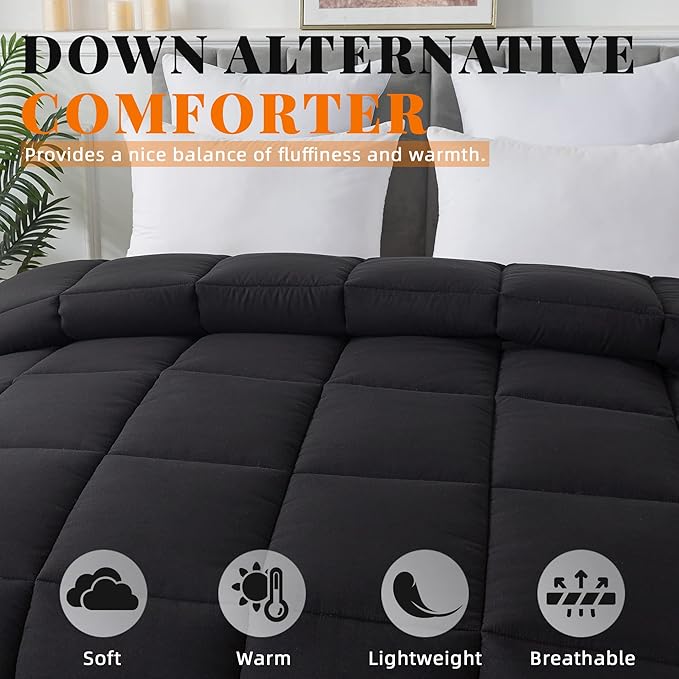 Cosybay Down Alternative Comforter (Black, Twin) - All Season Soft Quilted Twin Size Bed Comforter - Duvet Insert with Corner Tabs - Winter Summer Warm Fluffy, 64x88 inches