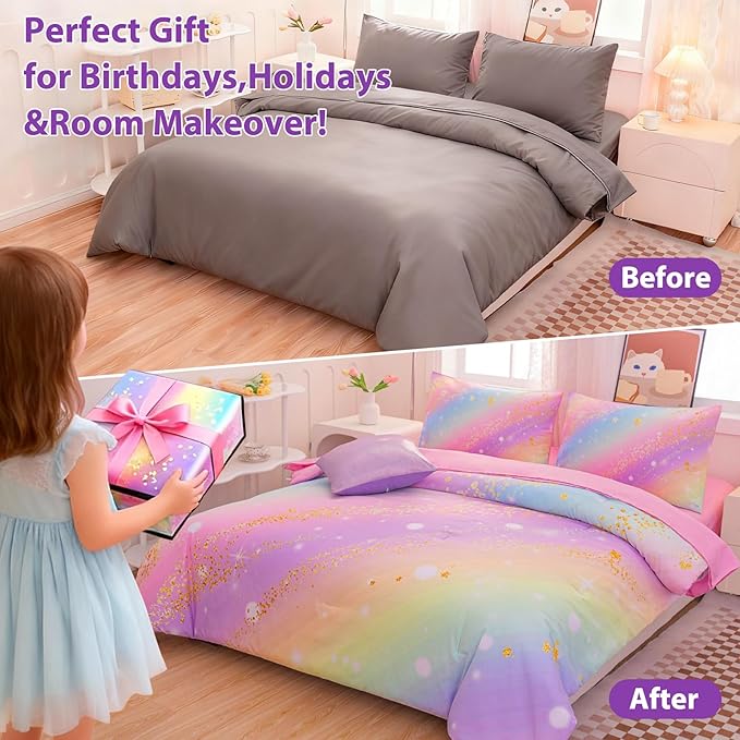Rainbow Bedding Set Queen Size – 6-Piece Reversible Girls Comforter with Deep-Pocket Sheet, Gradient Galaxy Design, Whole-Piece Filling, Machine Washable Bed-in-a-Bag for Kids Room Makeover & Gifts