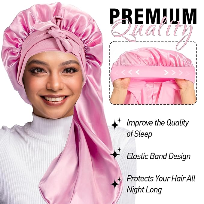 3Pcs Bonnets for Black Women, Large Long Satin Bonnet for Braids With Stretchy Tie Band, Sleep Cap for Long Curly Hair (Brown, Rose Pink, Pink)