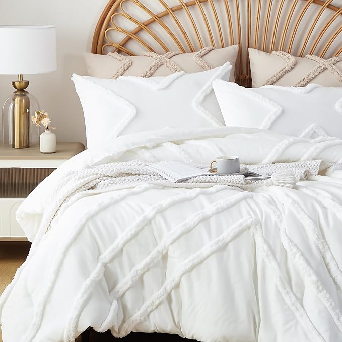 Cupocupa King Size Comforter Set;Ivory Comforters Boho Tufted Lightweight Bedding Sets 3PCS Comforter Soft Jacquard Comforter with 2 Pillow Cases for All Season