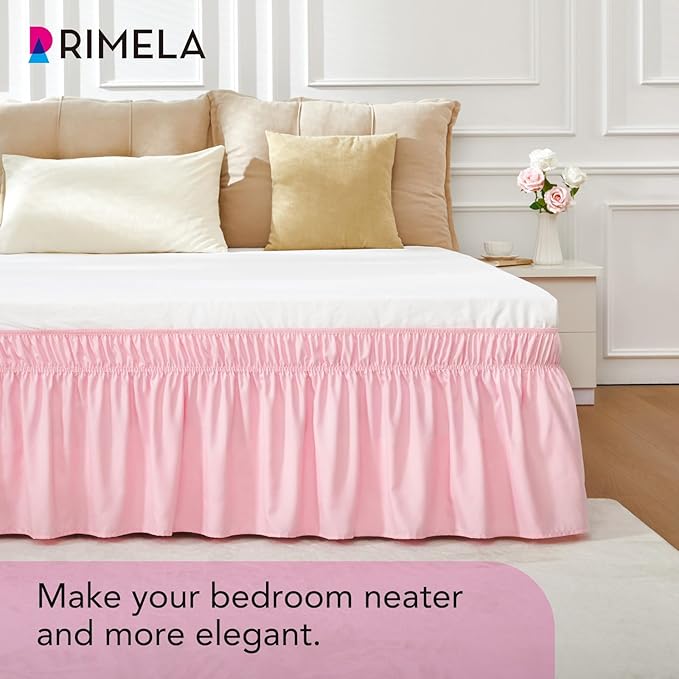 RIMELA Pink Bed Skirt Twin Size 15 Inch Drop, Elastic Bed Skirting for Bed Base and Frame, Bedding Dust Ruffle Easy to Install, Lightweight Wrap Around Adjustable Bedskirt