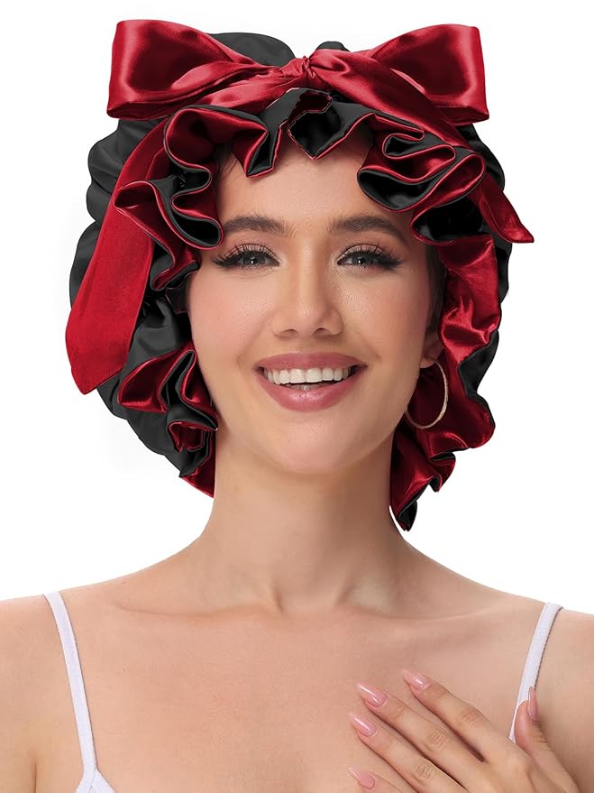 Hair Bonnet for Sleeping, Satin Silk Shower Cap Women 2025 with Tie Band and Adjustable Straps Head Wrap for Curly Hair Black F