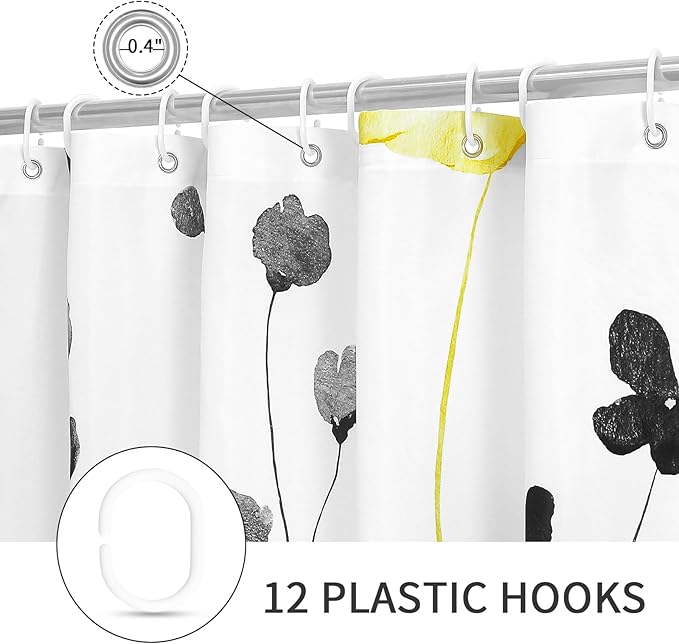 Gibelle Long Shower Curtain 72 x 78, Watercolor Floral Fabric Shower Curtain, Yellow Grey Flower Decorative Bathroom Shower Curtain Set with Hooks