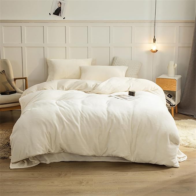 Cottonight White Velvet Comforter Set Queen Plush Fluffy Bedding Comforter Set Full Warm Cozy Super Soft Heavyweight Flannel Comforter Set with 2 Pillowcases Soft Comfy