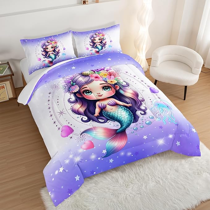 Cute Mermaid Pattern King Comforter Set,Star Jellyfish Ocean Themed Bedding Sets for Kids Toddlers Girls Boys Room Decor,Princess Bedding with 2 Pillowcases.