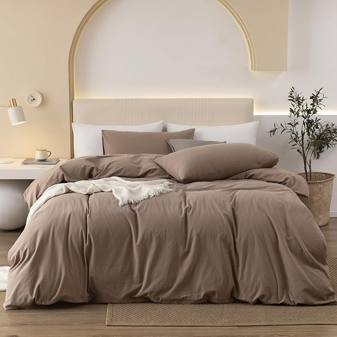 JIYUAN 100% Washed Cotton Duvet Cover Set 3 Pieces Alaska King, 1 Duvet Cover 132x120 Inches(Comforter Not Included) and 2 Pillowcases,Linen Feel Bedding Set Comfy and Breathable,Light Brown