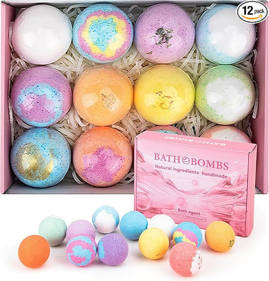 Natural Handmade Bath Bombs Salt Balls Gift Set, 12 PCS with Sea Salt & Shea Butter, Moisturizing Dry Skin, Stress Relief, Bubble Bath, Perfect Care Relaxing Spa Gifts for Women, Men & Kids