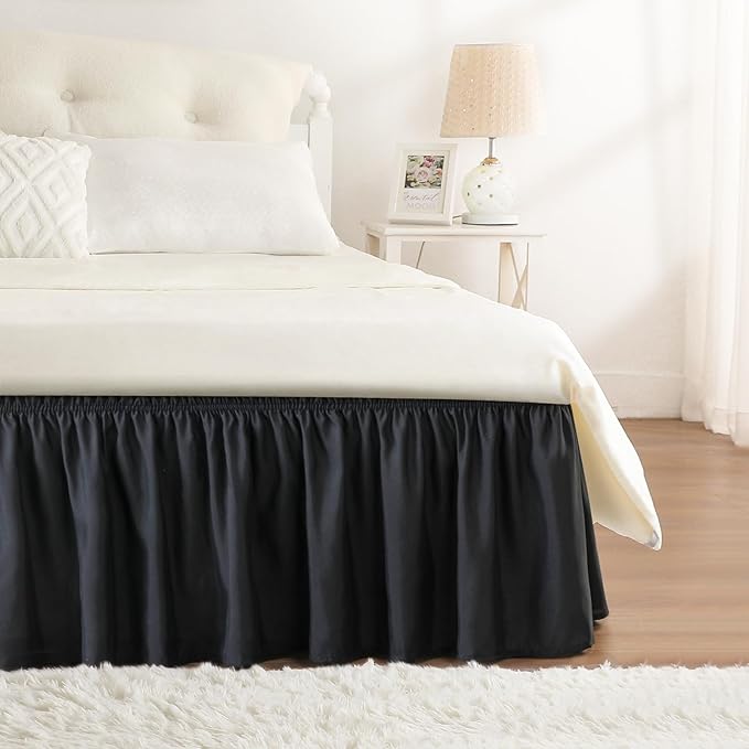 RIMELA Black King Size Bed Skirt 12 Inch Drop, Elastic Bed Skirts Cal King Dust Ruffle, Black Bedskirt for Adjustable Bed Base Solid Fade Resistant Silky Fabric Machine Washable Easy to Install