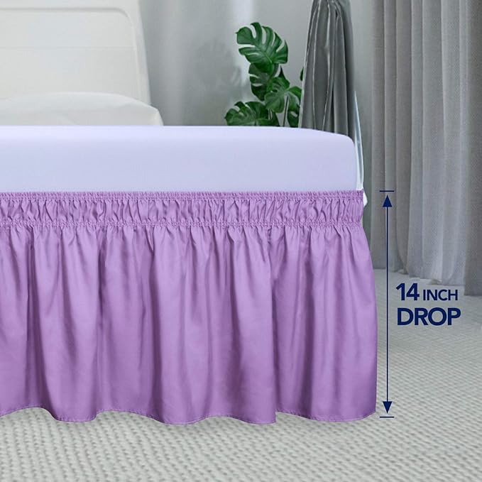 PureFit Wrap Around Ruffled Bed Skirt with Adjustable Elastic Belt - 14 Inch Drop Easy to Put On, Wrinkle Free Bedskirt Dust Ruffles, Bed Frame Cover for Twin, Twin XL and Full Size Beds, Lavender