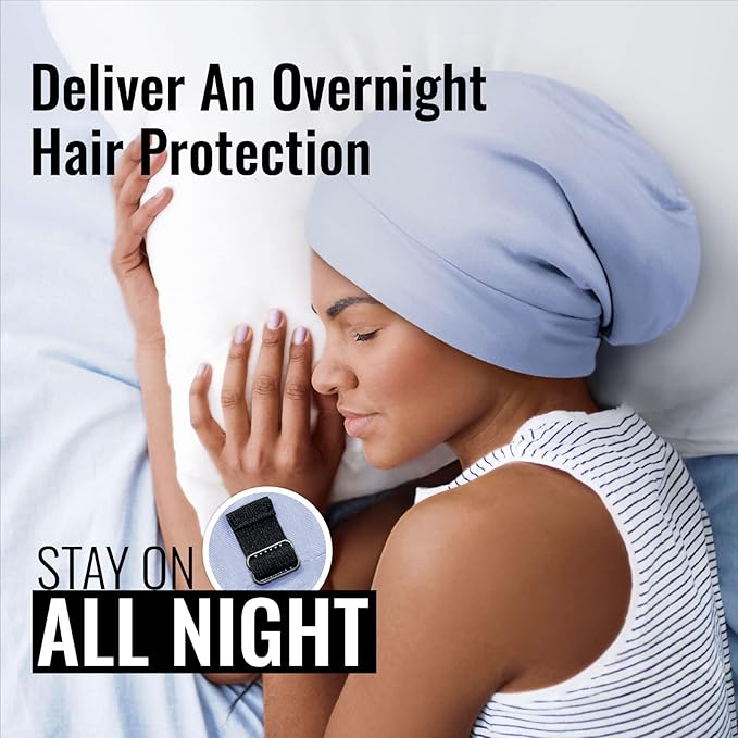 Satin Lined Sleep Cap Bonnet for Curly Hair and Braids, Stay On All Night Hair Wrap with Adjustable Strap for Women and Men, Light Blue, Pack of 1