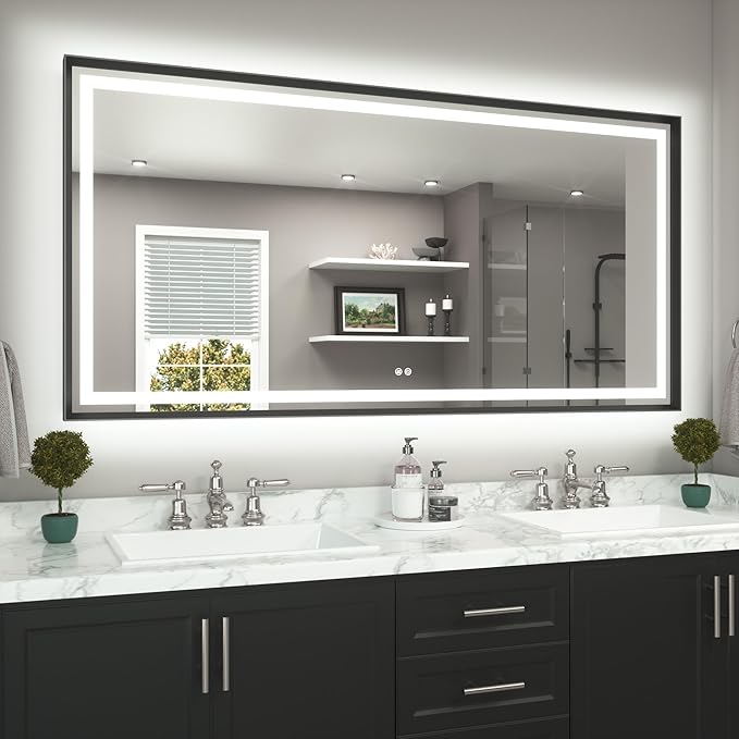 TETOTE 72 x 36 Large Bathroom Mirror Brushed Black Metal Frame Frontlit & Backlit Vanity Mirror 3 Colors White/Warm/Natural Stepless Dimmable Anti-Fog Bathroom Mirrors for Vanity Wall-Mounted
