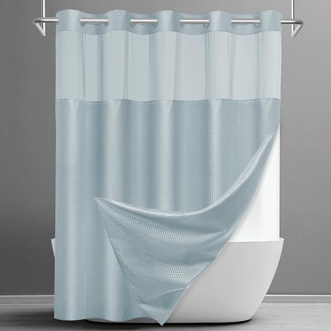 No Hook Shower Curtain with Snap in Liner Set Waffle Shower Curtain for Bathroom Hotel Style Fabric Waterproof Inner Liner，71" W x 74" H, Fog Blue