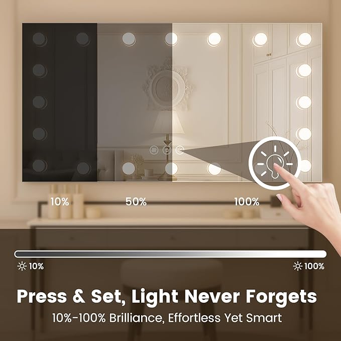 WTTY LED Bathroom Mirror with Lights 48"x36" Hollywood Wall-Mounted Mirror with 3 Color Temperatures, Stepless Dimmable Bulbs, Anti-Fog & Shatter-Proof