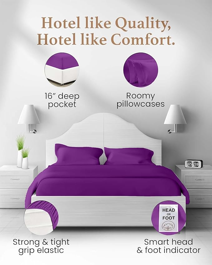 Split King Sheets Sets for Adjustable Bed Cotton, Luxury Sheets, Egyptian Cotton Sheets, 5 Piece 100% Cotton Split King Sheet Set, Sateen Sheetts, 2 Fitted - 16" Deep Pocket, Purple