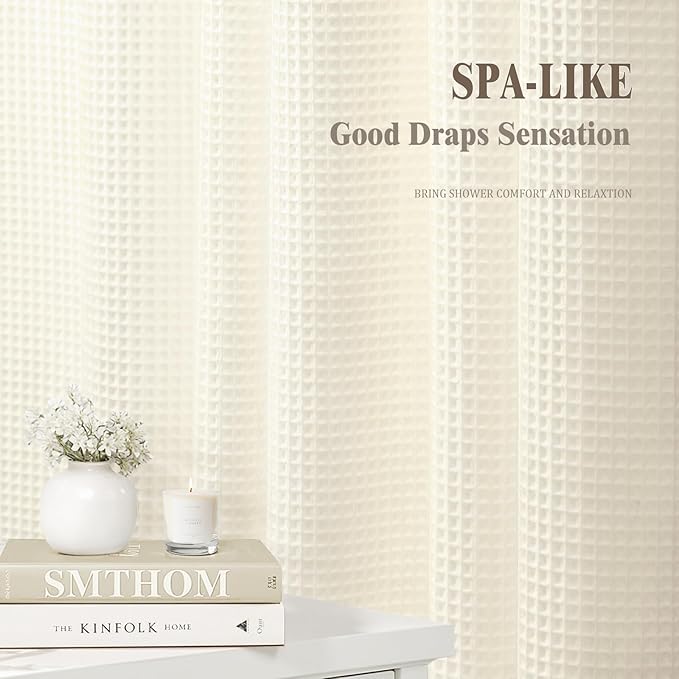 Extra Long Waffle Shower Curtain - Ivory Cotton Texture Fabric Heavyweight Shower Curtain for Bathroom,72Wx84L
