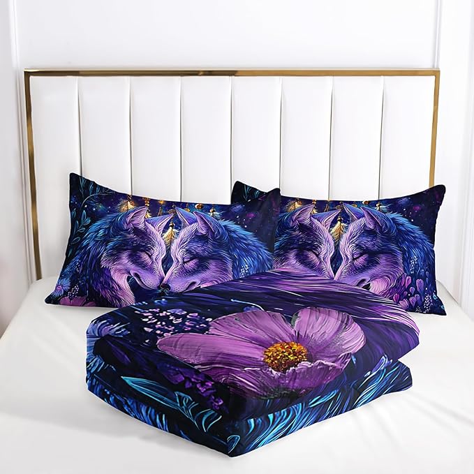 Purple Wolf Bedding Comforter Set Queen Size，Dreamcatcher Flower Quilt Bedding Set Queen，with 1 Comforter with 2 Pillow Case，Wolf Bedroom Decor for Kids Girls Boy