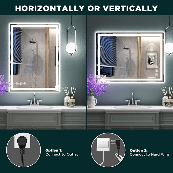LED Bathroom Mirror 24"x 32" with Stepless Dimmable Wall Mirrors with Anti-Fog, Dimmable CRI>90, Vanity Mirror with 3 Color Modes, Shatter-Proof, Memory Bathroom Mirror with LED Lights