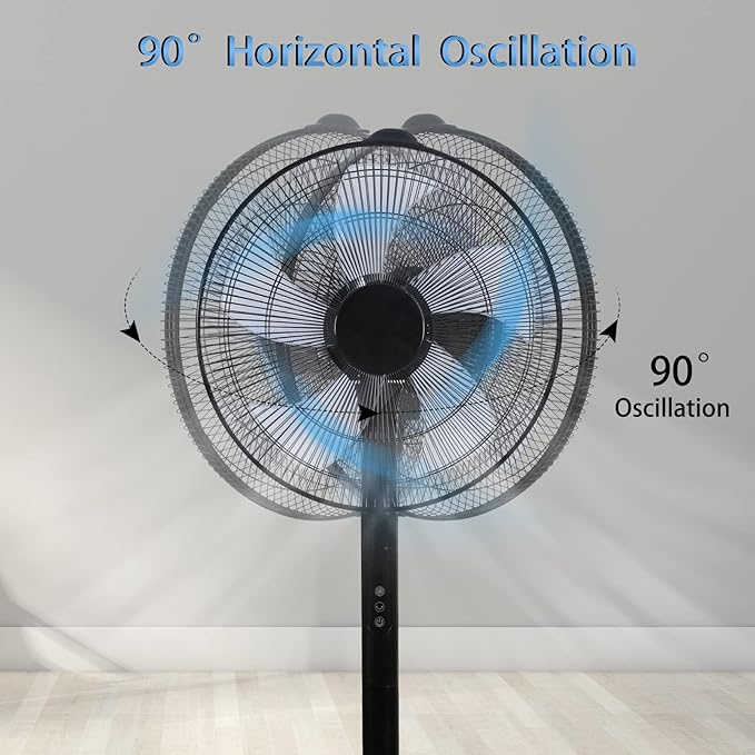 Simple Deluxe 16 Inches Stand Fan with Pedestal Base, Height Adjustable Pedestal Fan with Remote Control, Free Standing Fan with 90-Degree Oscillating 12-Speed Settings, Black
