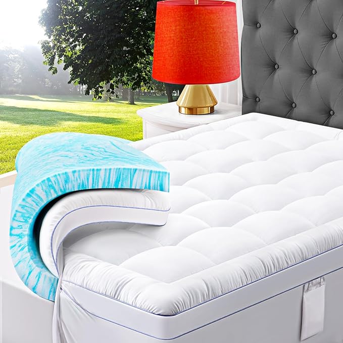 ABENE Queen Size Dual Layer 3 Inch Memory Foam Mattress Topper, 2 Inch Gel Memory Foam Plus 1 Inch Down Alternative Pillowtop Mattress Pad Cover, Thick Soft Bed Topper Support for Back Pain