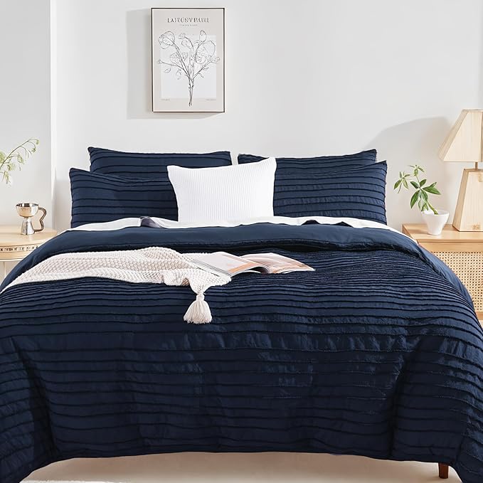 NEXHOME PRO Duvet Cover Queen Size, Navy 3 Pieces Boho Tufted Duvet Cover Set, Soft and Lightweight Microfiber Comforter Cover Set for All Season (Navy Queen, 90 x 90)-No Comforter