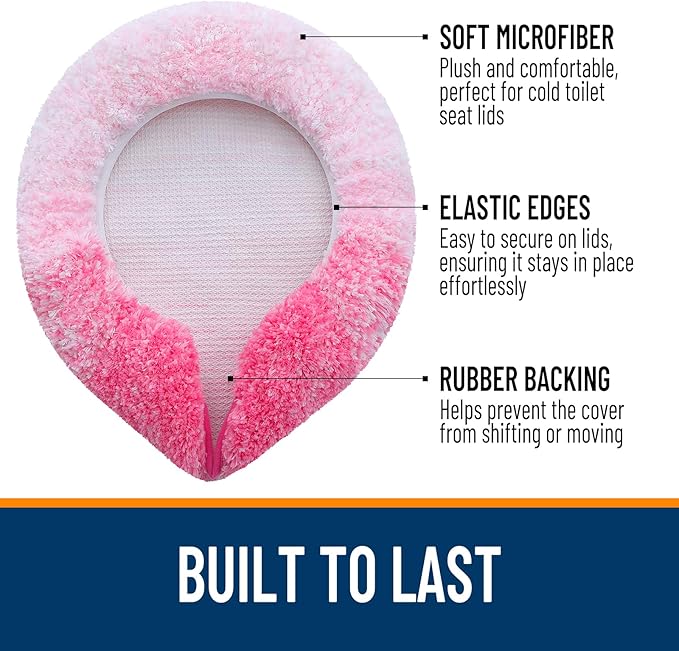OLANLY Soft Microfiber Bathroom Toilet Lid Cover, Machine Washable Covers, 17.5x15, Stays in Place Rubber Backing, Fits Most Round, Elongated and Oblong Lids, Accessories Decor, Pink