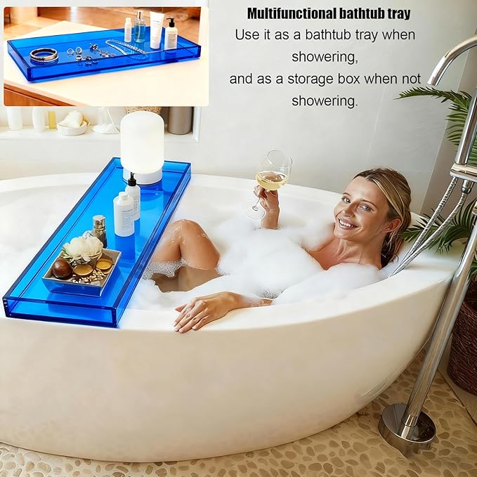 Bathtub Tray Table, Clear Acrylic, Anti-Slip Bath Caddy, (Blue, L32.3″ x W7.87″ x H1.18″)
